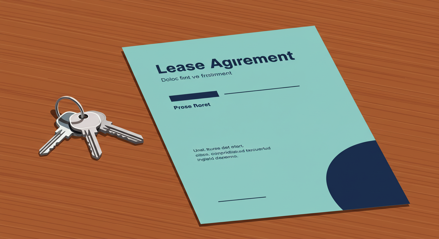 A set of keys resting on a wooden table next to a neatly folded lease agreement.