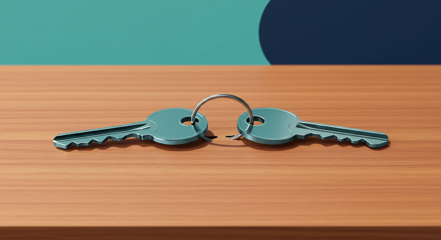 Two house keys on a wooden surface, separated by a small gap.