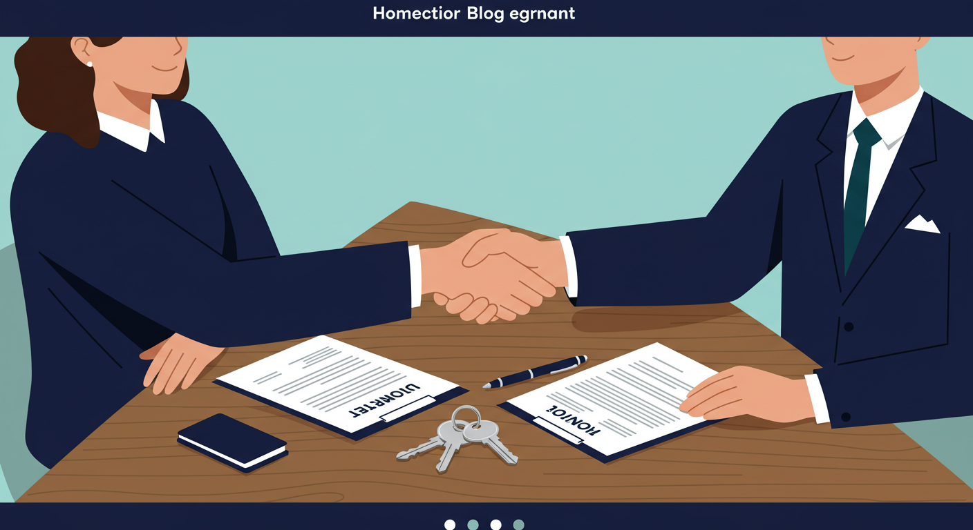 A landlord and tenant shaking hands over a wooden table with a lease agreement and keys on it.