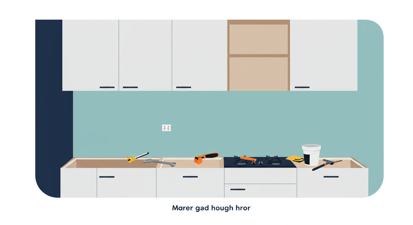 A modern rental kitchen in the middle of a renovation, with new white cabinets installed and tools on the countertop.