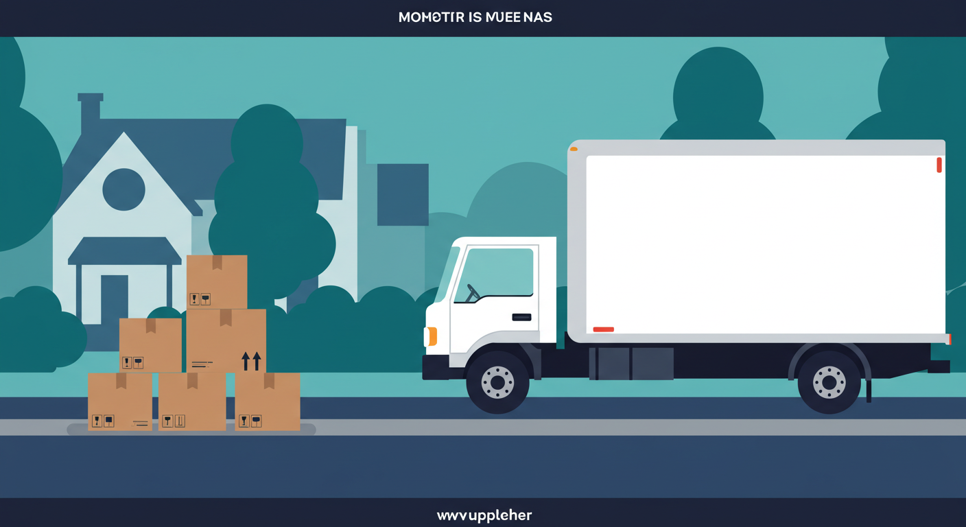 A moving truck is parked on a residential street next to a stack of cardboard moving boxes on the curb.