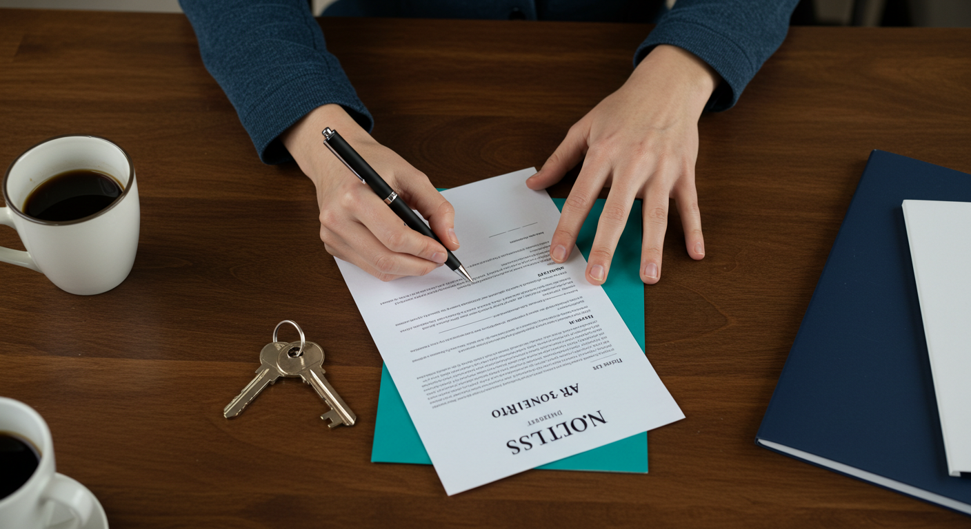 A person's hands signing a formal document on a wooden desk next to a set of keys.