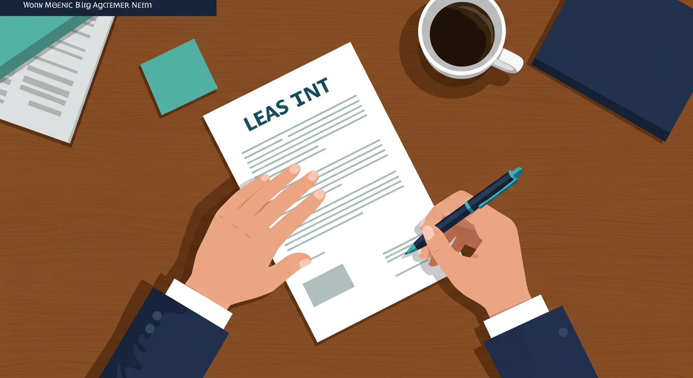 A person signing a lease agreement document with a pen at a wooden desk.