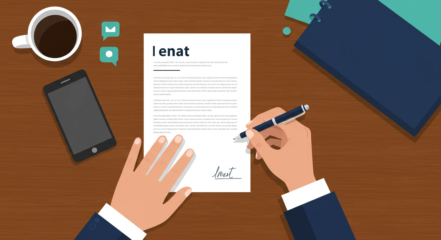 A person signing a rental agreement document with a pen at a wooden desk.