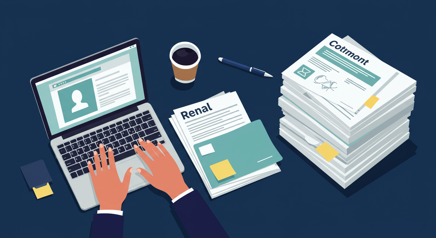 A person at a desk uses a laptop while neatly organizing a stack of rental documents.