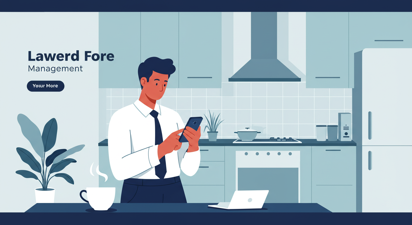 A landlord checks their property management app on a smartphone while standing in a bright, modern kitchen.