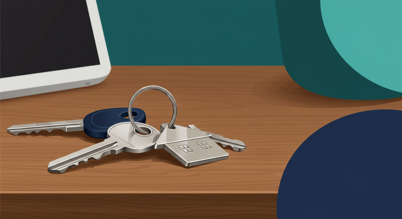 A set of house keys with a simple house-shaped keychain on a wooden desk.
