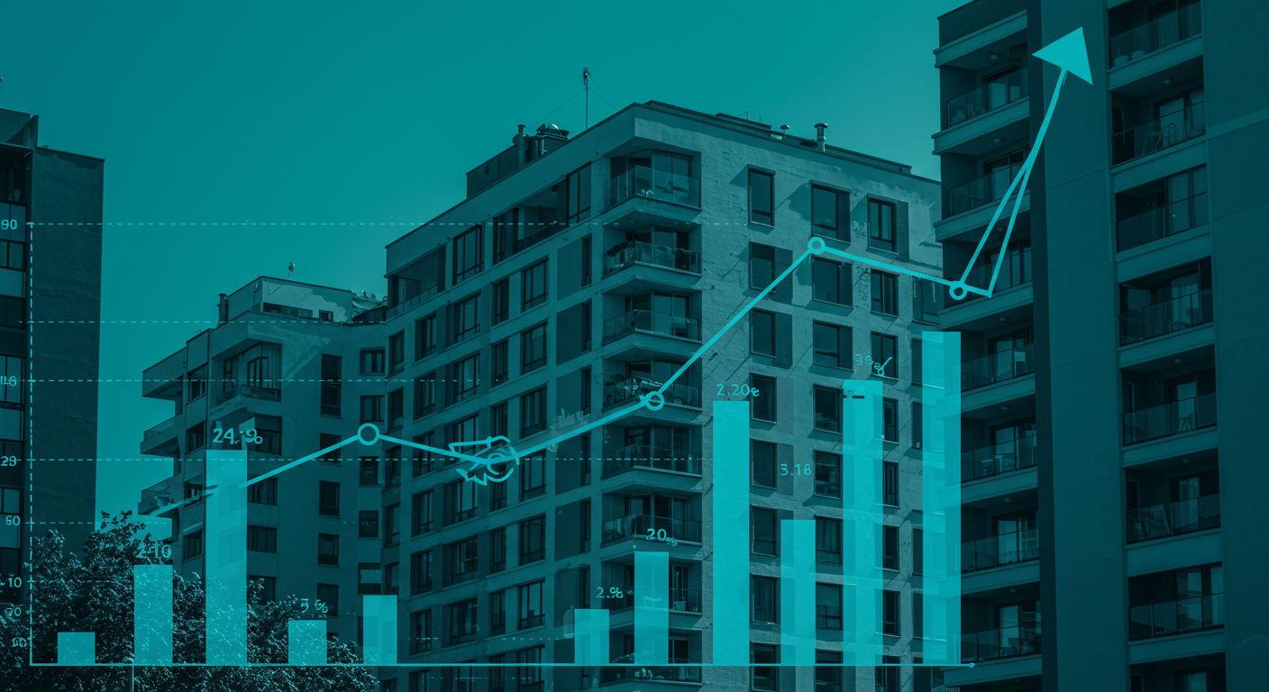 A modern apartment building in a dense city, with a digital graph overlay showing rising rent trends.