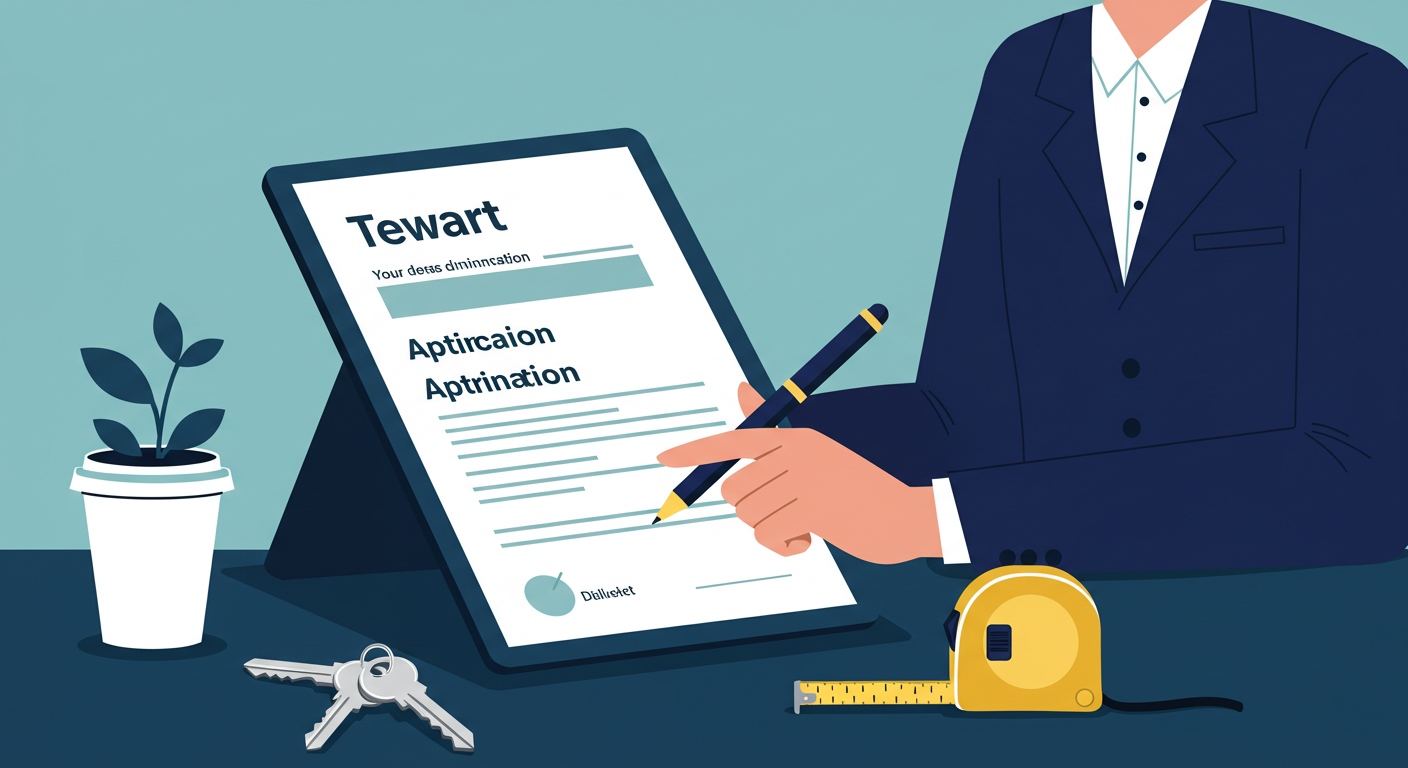 A landlord reviews a tenant application on a tablet, with keys and a tape measure on the desk.