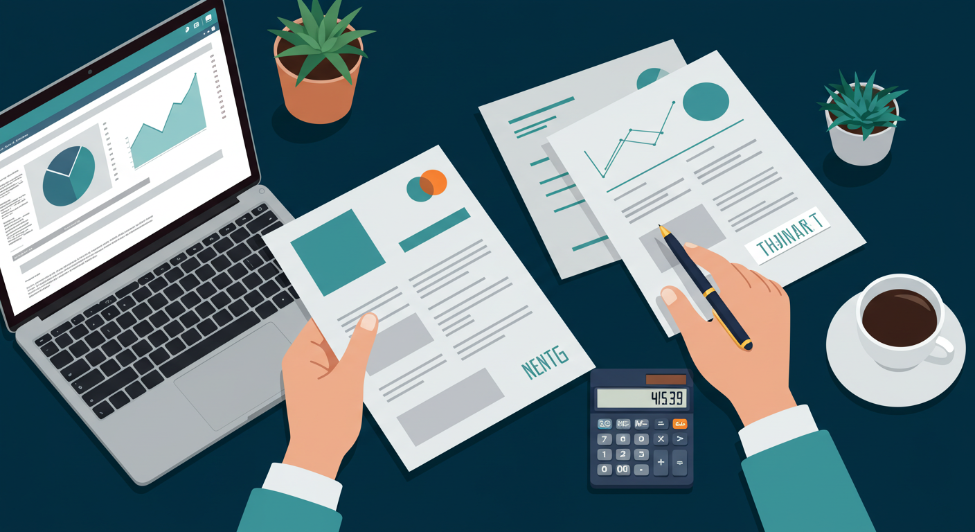 A person reviewing three different credit report documents on a desk with a laptop and a calculator.