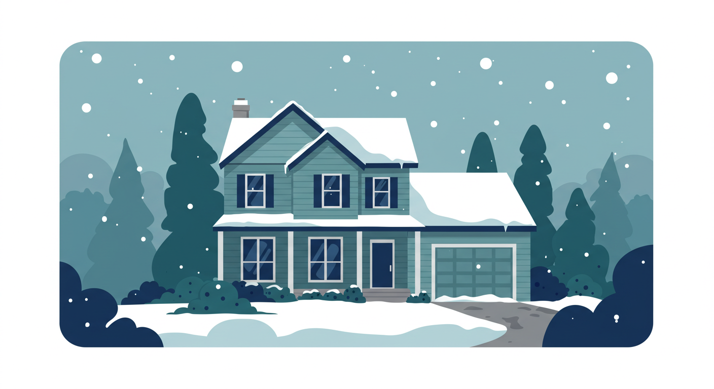 A two-story house with snow on its roof and lawn during a cold, overcast day.