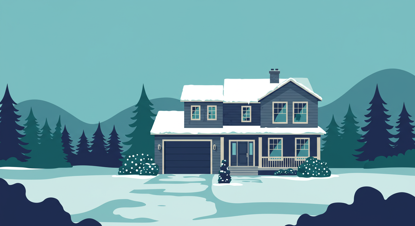 A two-story house with a light dusting of snow on its roof and front yard during a calm winter day.