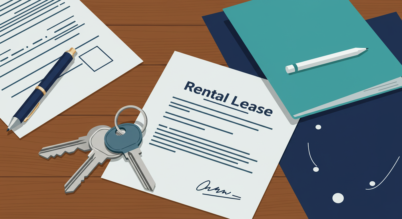 A set of house keys and a signed rental lease agreement on a wooden desk.
