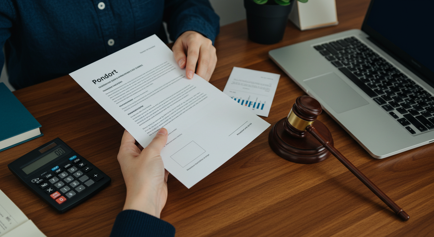 A person reviews a legal document at a wooden desk with a calculator and a laptop nearby.